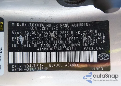 2006 Toyota Avalon Touring from USA, damaged, VIN 4T1BK36B86U096471